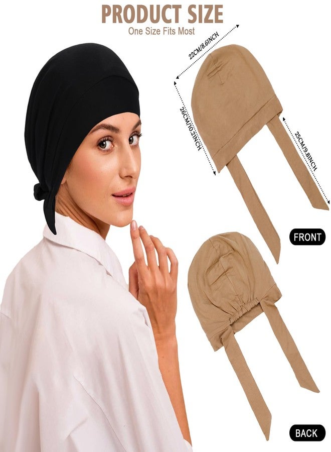 XEPST 2 PCS Hijab Undercap for Women, Islamic Muslim Under Hijab Cap Satin Lined Undercap Tie Back Bonnet Inner Head Scarf Head Wraps Hair Turbans for Women Chemo Headwear Sleep Cap, Black+Khaki - Image 2